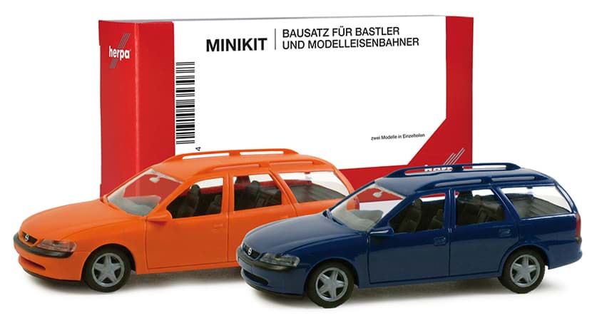 Bild von Vorbestellung Opel Vectra Caravan, kommunalorange und nachtblau (2 Stück) (Farbvariante) -MiniKit-  (NH11/12.2026)